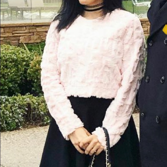 H&M faux fur sequin cropped light pink round neck sweater size 4 - Picture 8 of 9